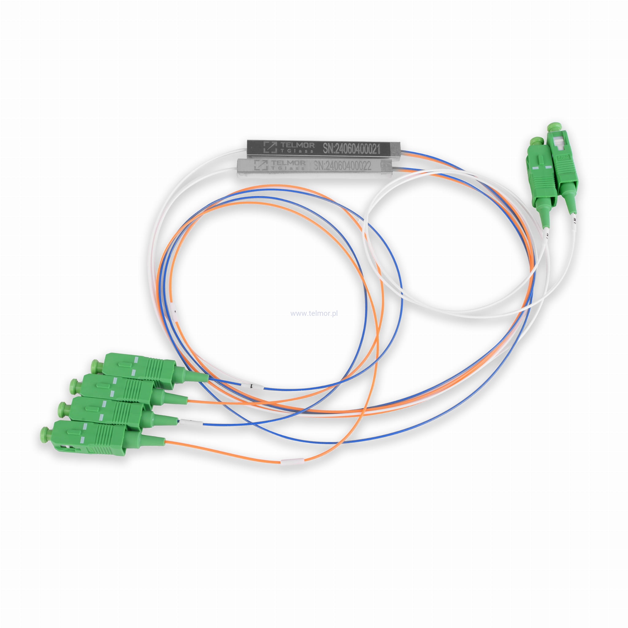 Splitter optyczny PLC Steelbox 1x4 0.9mm G657A2 LSZH Złącza SC/APC TGlass