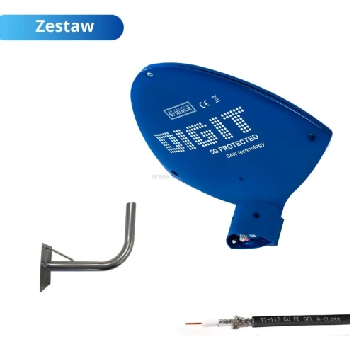 Antena naziemna Telmor Digit Activa, filtr LTE/5G, niebieska, zestaw na działkę z kablem i uchwytem