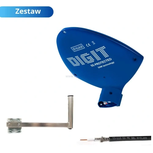Antena naziemna Telmor Digit Activa, filtr LTE/5G, niebieska, zestaw na działkę z kablem i uchwytem