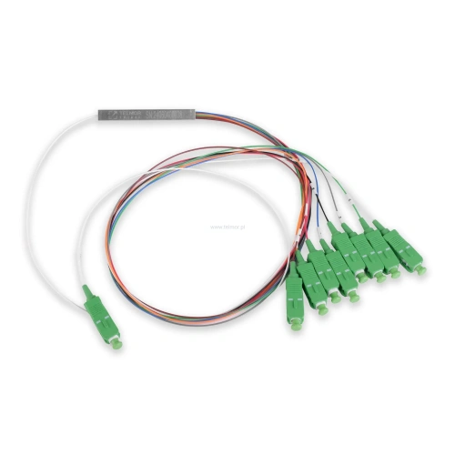 Splitter optyczny Telmor PLC Steelbox 1x8 0.9mm G657A2 LSZH Złącza SC/APC TGlass