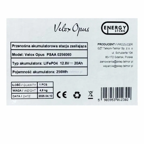 Przenośna stacja zasilania VELOX OPUS 600W 256Wh Energy Stern