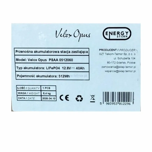 Przenośna stacja zasilania VELOX OPUS 600W 512Wh Energy Stern